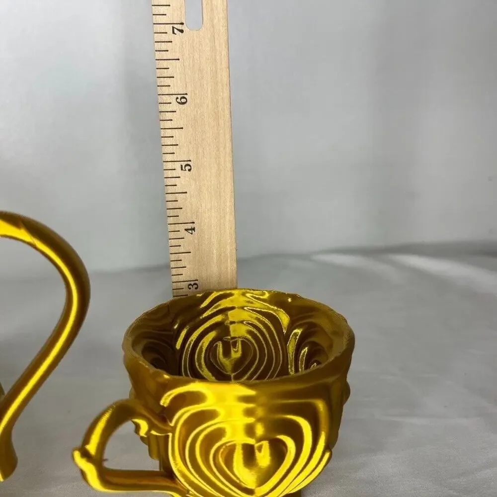 Gold Heart Tea Set Teapot with 2 Cups Ornate Textured Design Decorative Plastic